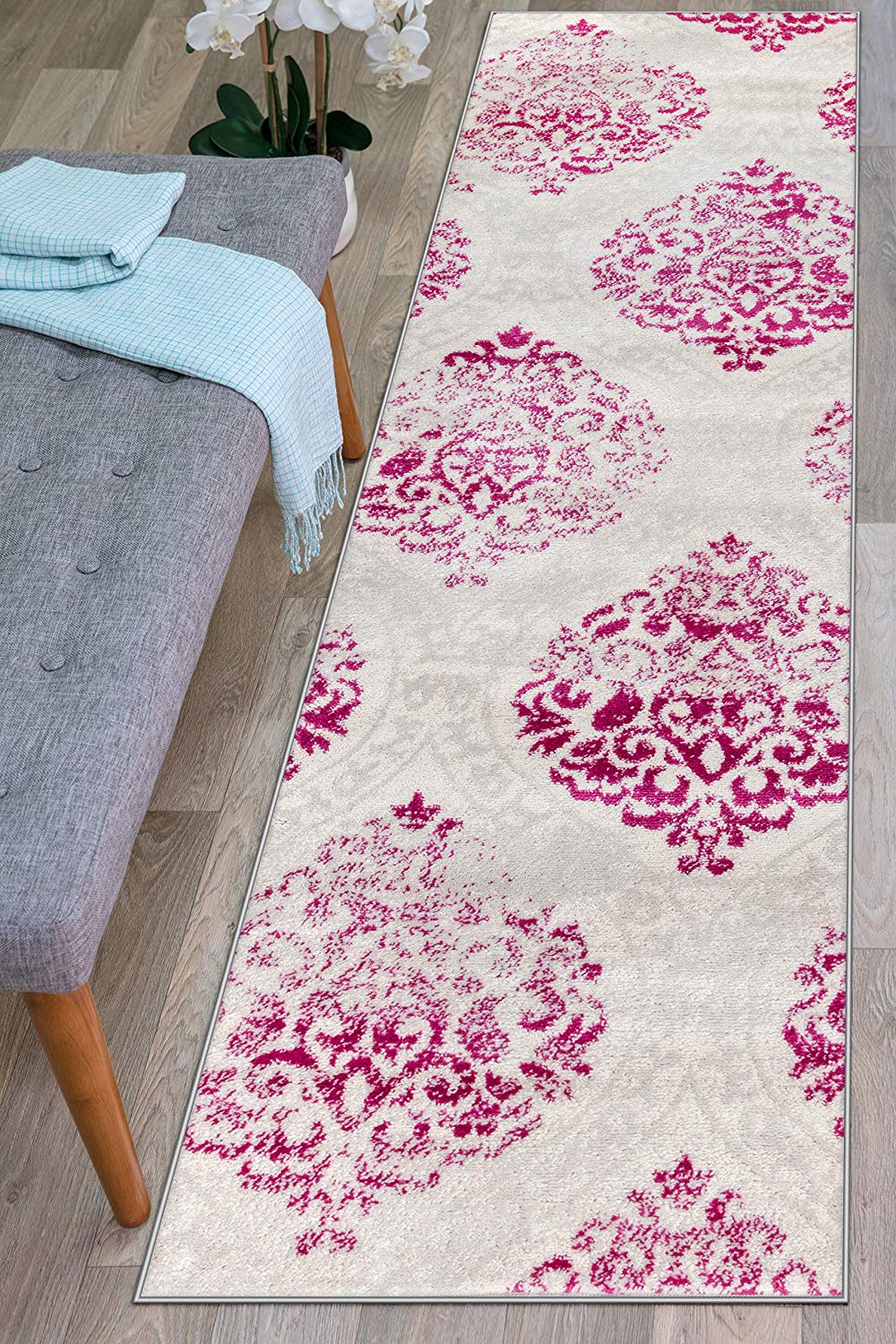 Floral Damask Pink Ivory Area Rug
