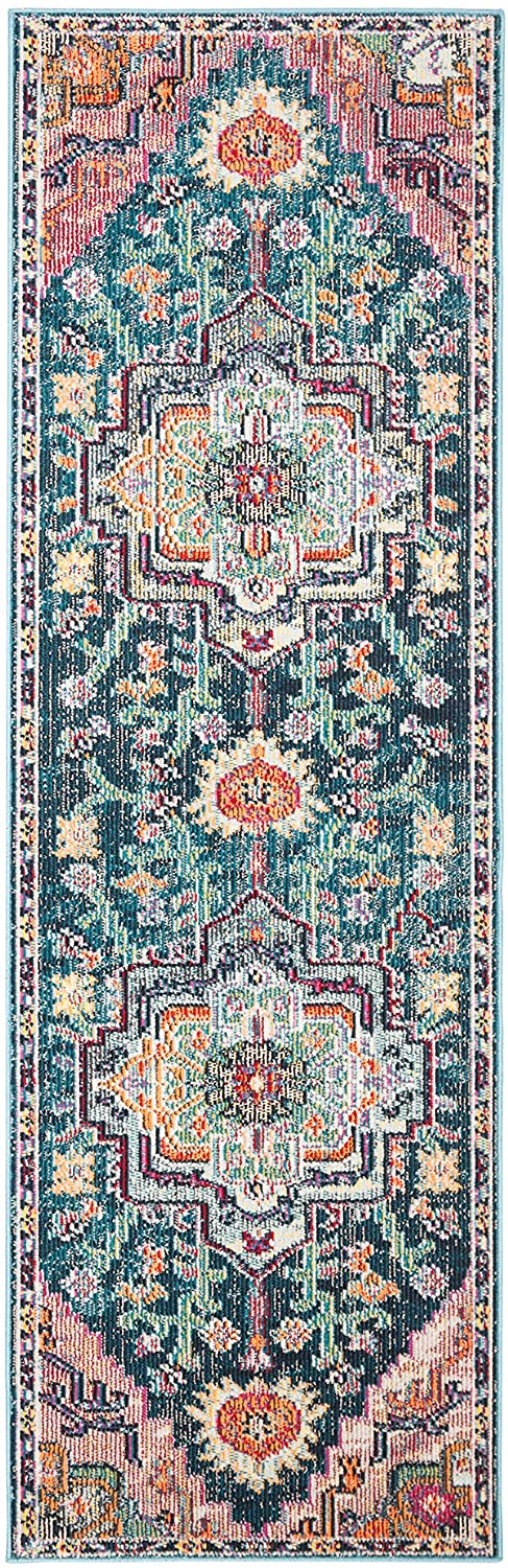 Boho Chic Oriental Medallion Distressed Area Rug, Teal / Rose