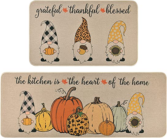2 Pcs Thanksgiving Fall Kitchen Rug, Autumn Pumpkin Area Rug Set of 2 Washable, Non-Slip Black White Striped Door Mat with Anti-Slip Rubber Backing Fall Kitchen Decor 17'' x 47'' + 17'' x 30''