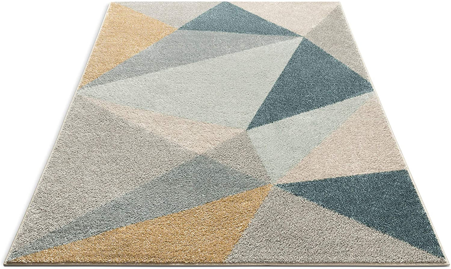 Modern Abstract Triangles Blue Gold Grey Soft Area Rug