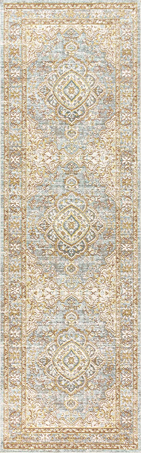 Khilana Floral Medallion Runner Rug, Chambray Blue/Ivory