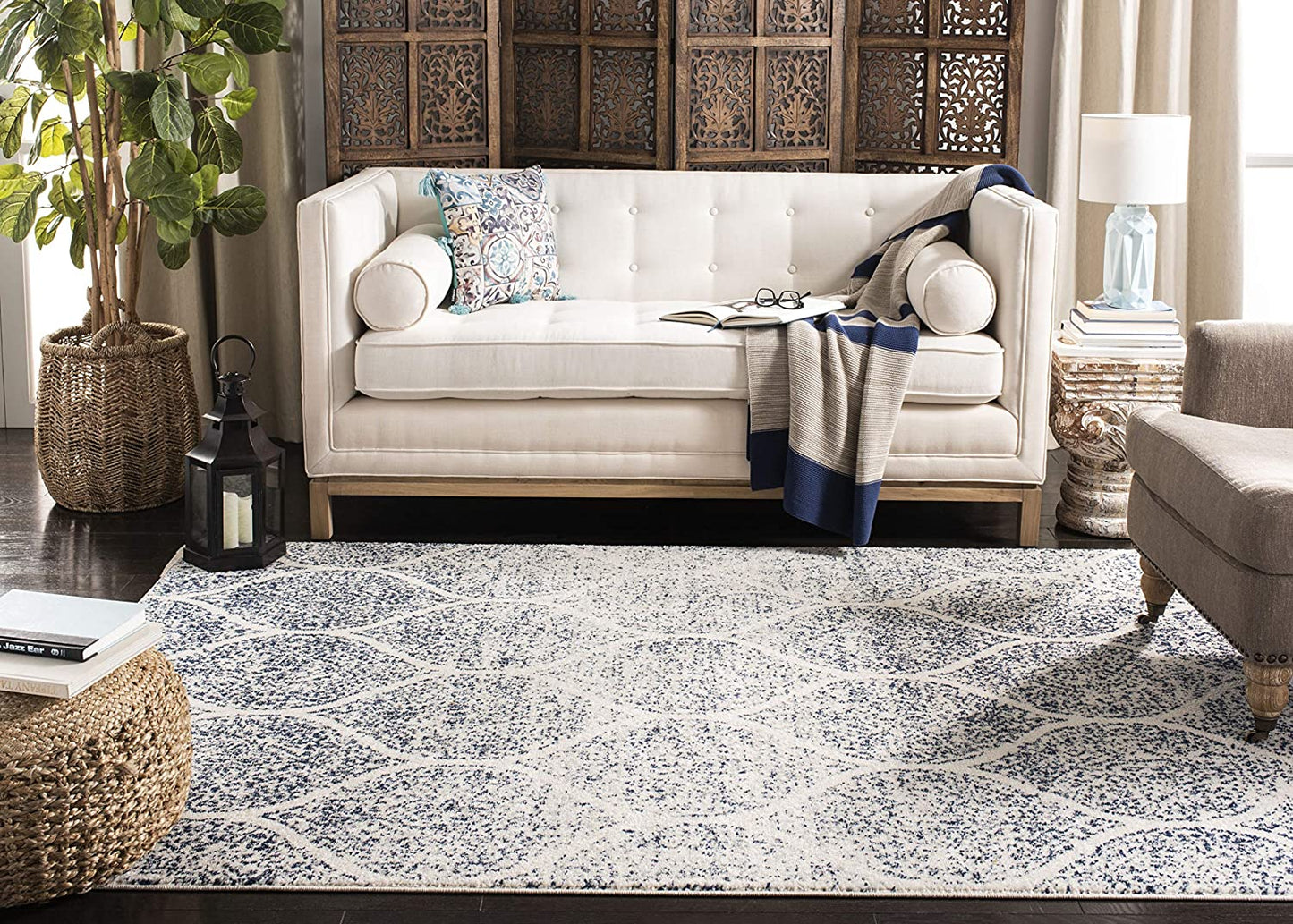 Geometric Trellis Distressed Cream Royal Blue Soft Area Rug