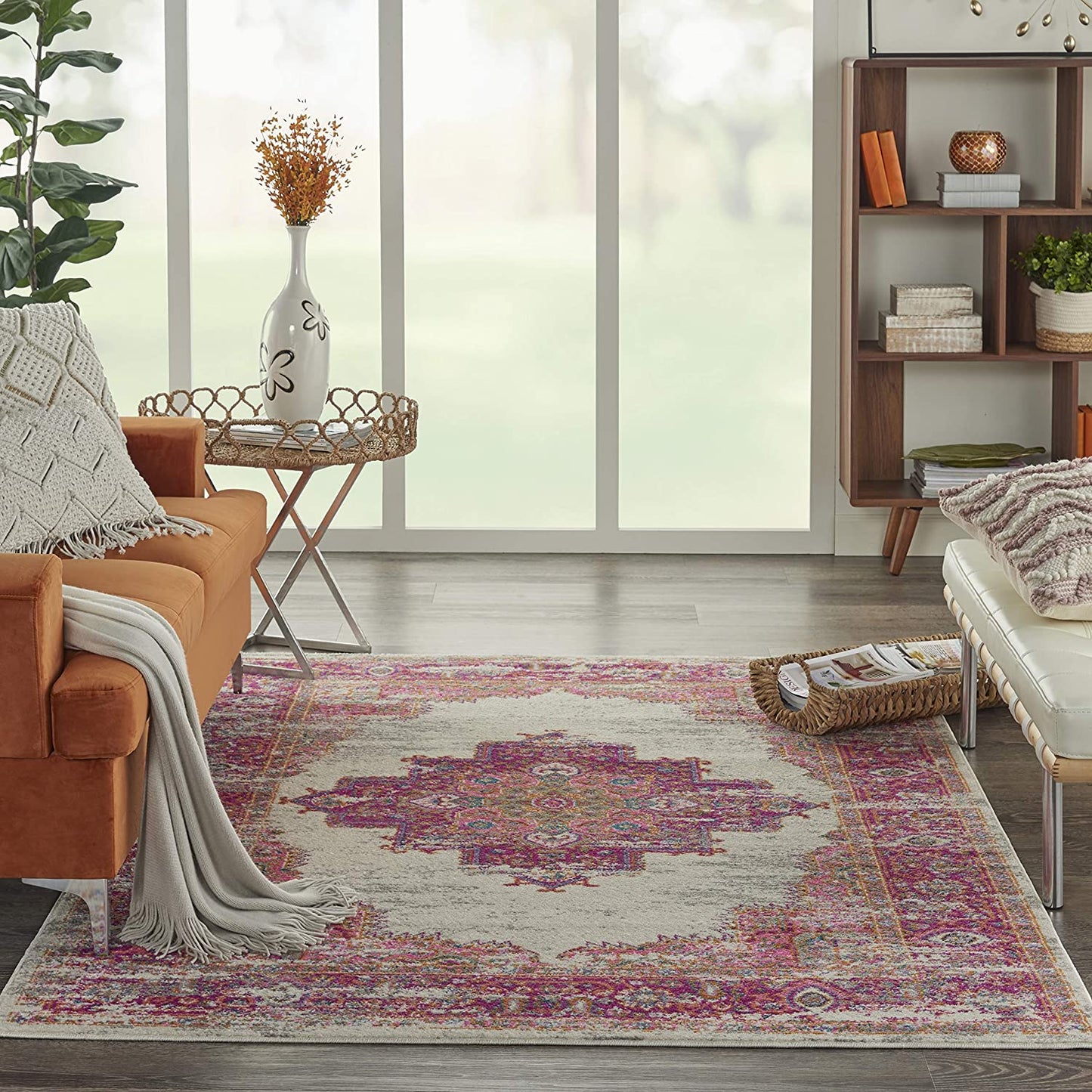 Pink and White Vintage Area Rug, IVORY/FUSHIA