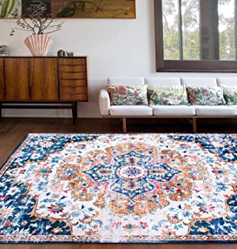 Bohemian Distressed Vintage Machine Washable Non Slip Area Rug Gray