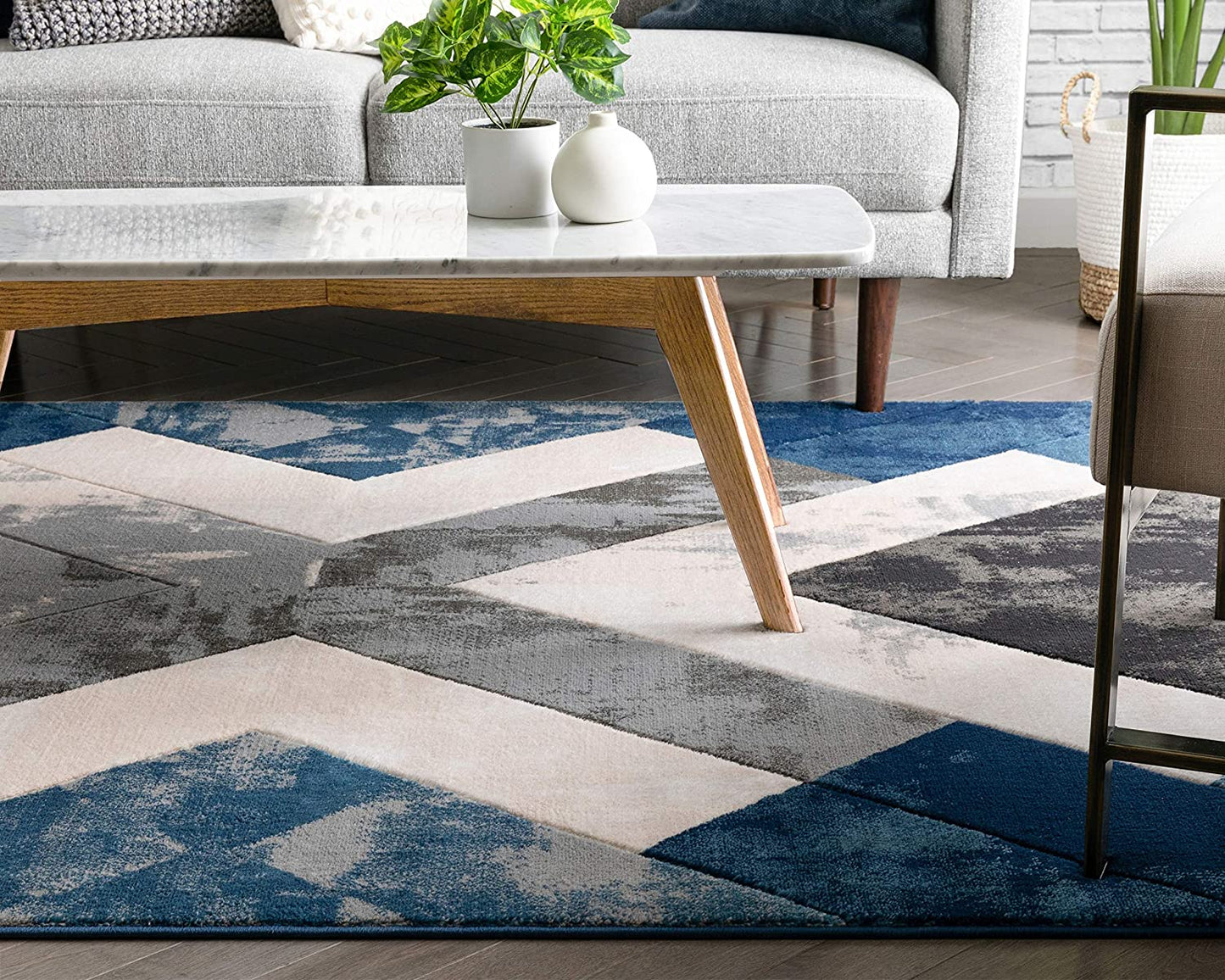 Rheta Blue Modern Geometric Stripes & Angles Pattern Area Rug