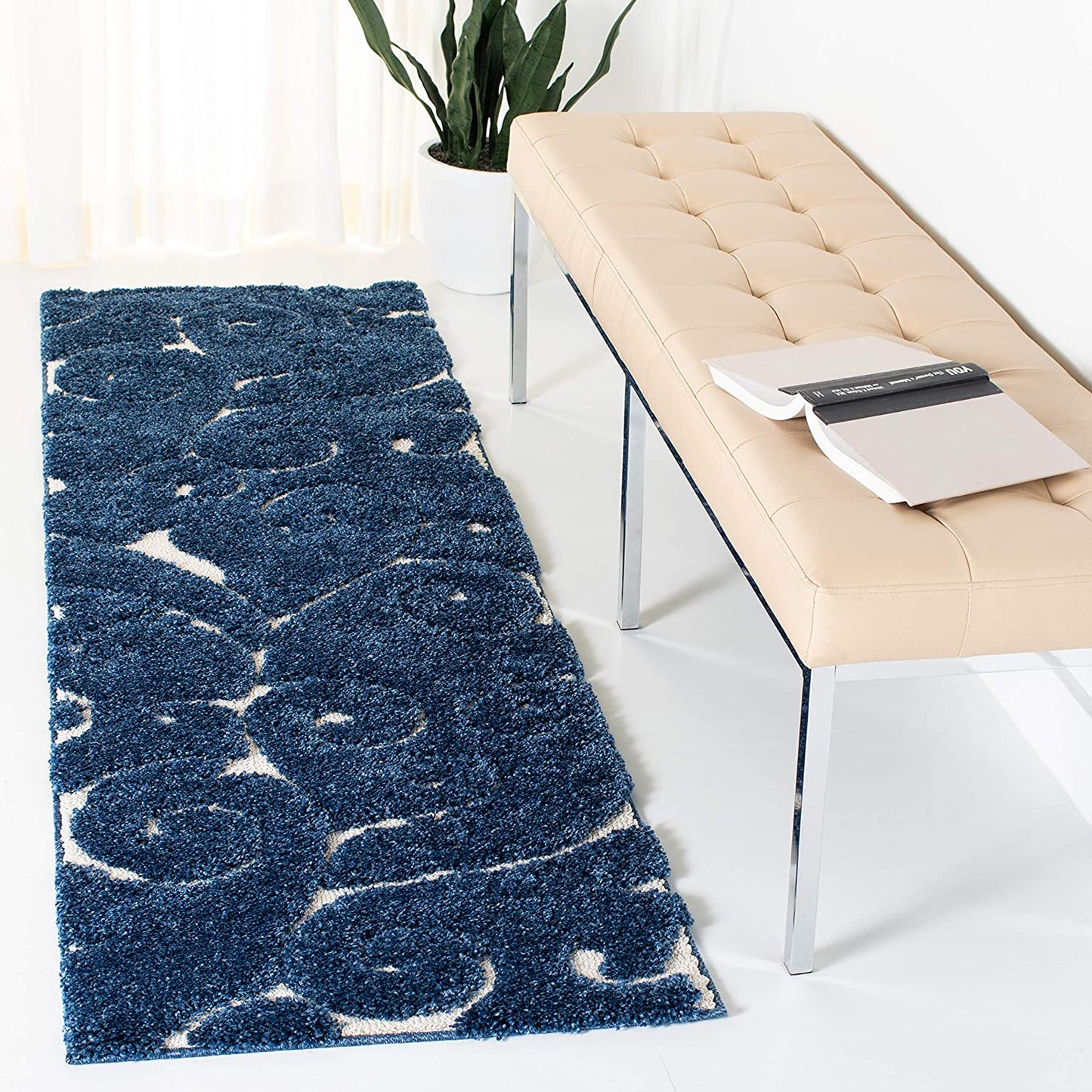 Premium Swirl Thick Plush Dark Blue/Cream Area Shag Rug