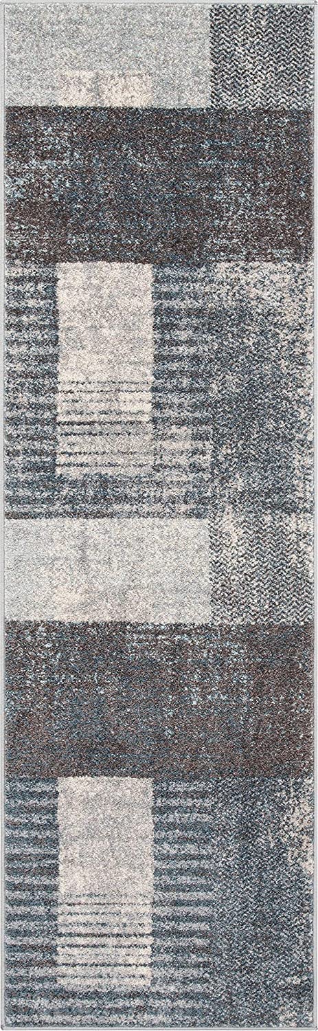 Loket Grey Modern Geometric Boxes & Stripes Pattern Area Rug