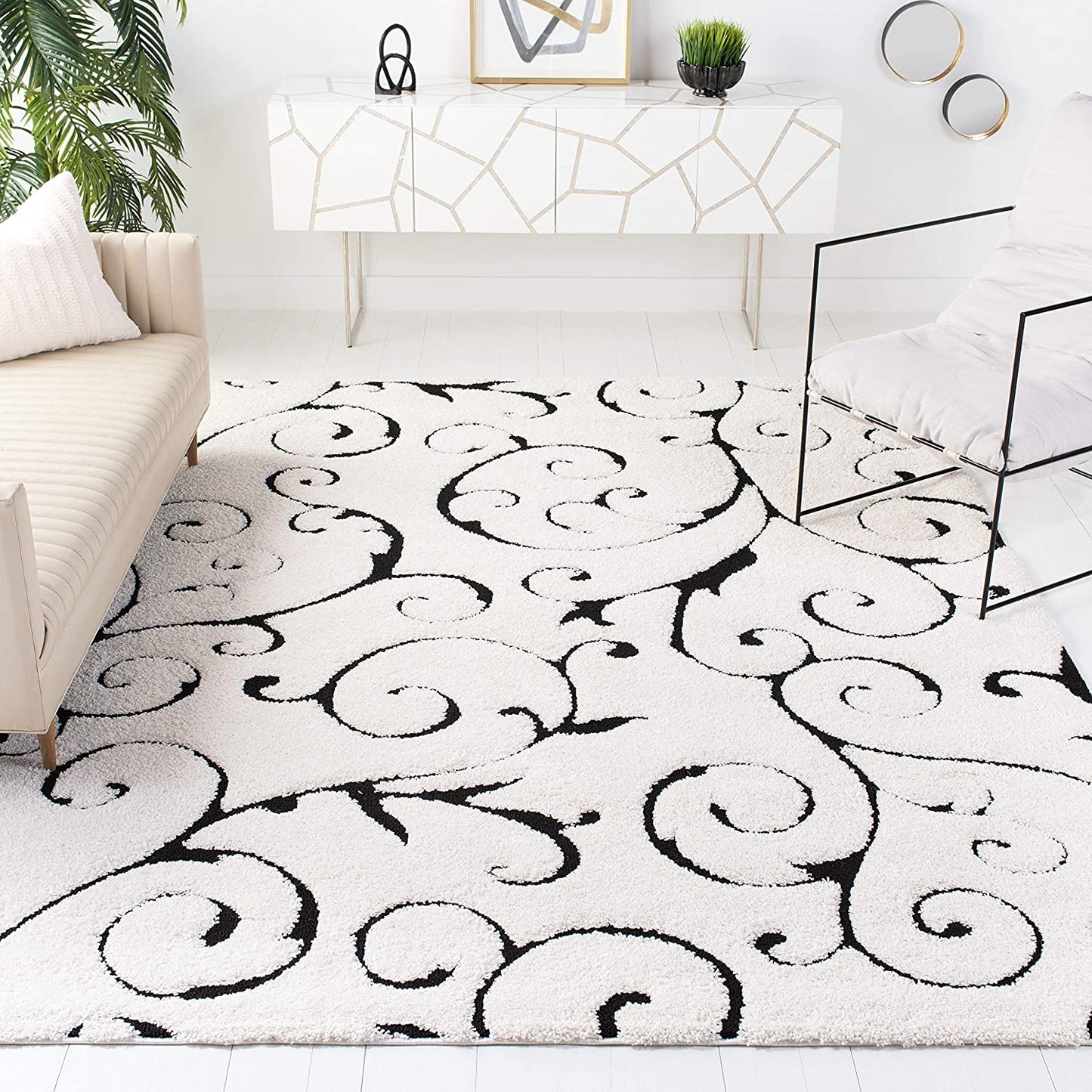 Premium Swirl Thick Plush Ivory/Black Area Shag Rug