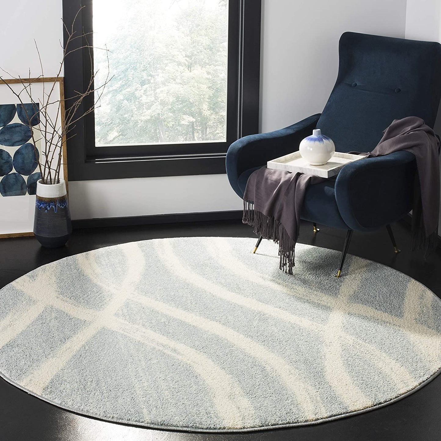 Modern Wave Distressed Area Rug, Cream / Slate