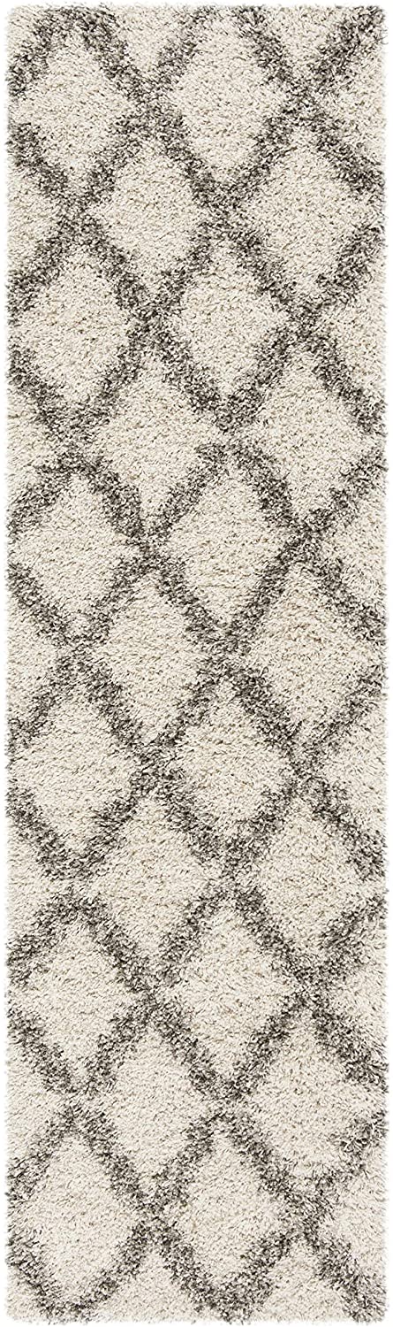 SAFAVIEH Hudson Shag Collection Moroccan Trellis Non-Shedding Living Room Bedroom Dining Room Entryway Plush 2-inch Thick Runner, , Ivory / Grey