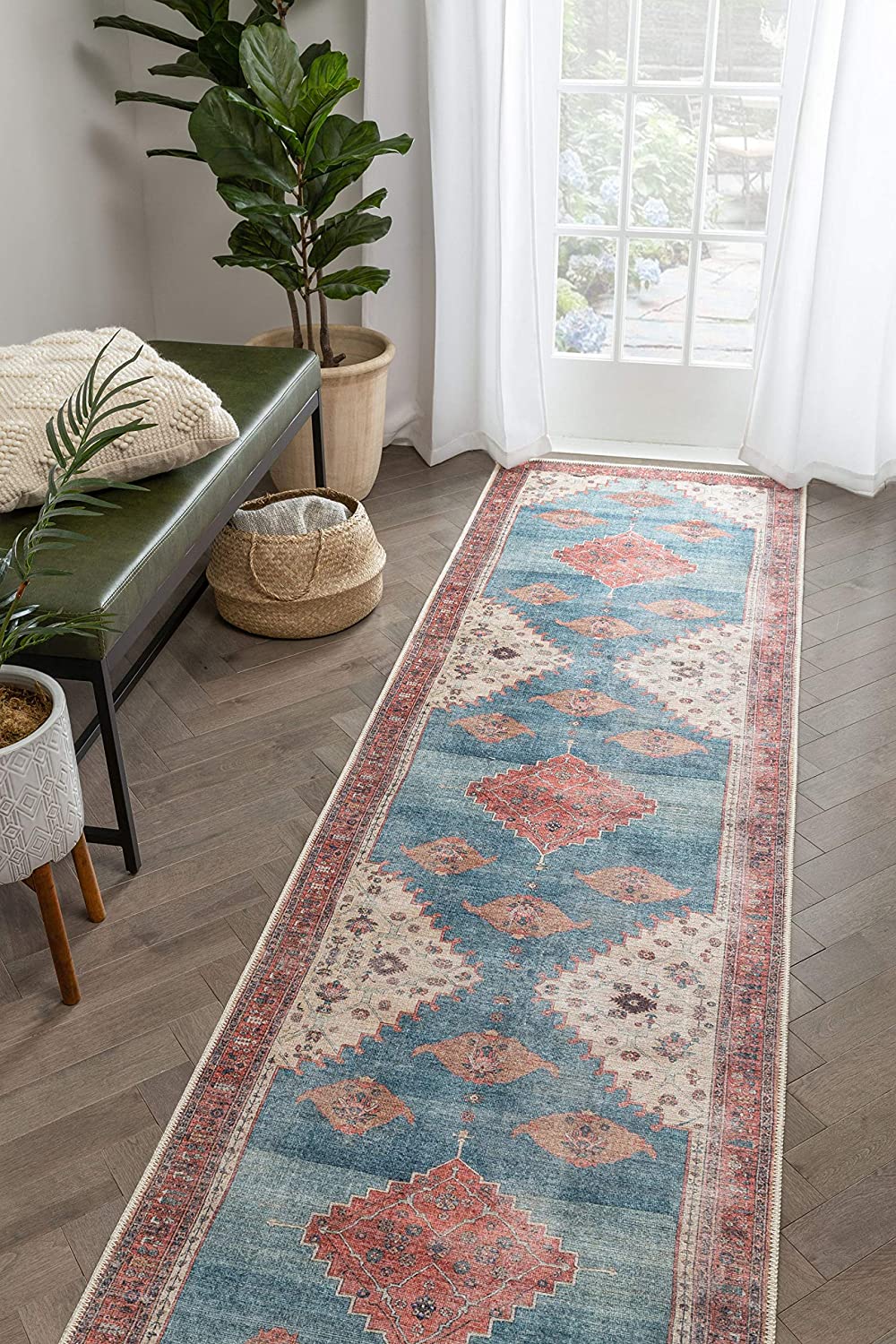 Towne Blue Machine Washable Vintage Style Classic Distresseed Tribal Medallion Area Rug