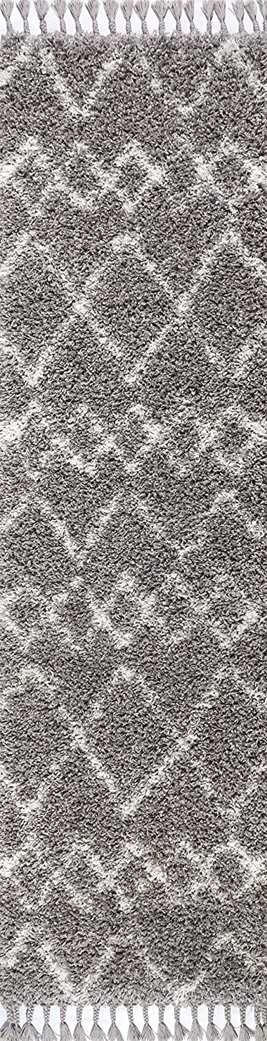 Mercer Plush Tassel Moroccan Tribal Geometric Trellis Grey/Cream Shag Area Rug
