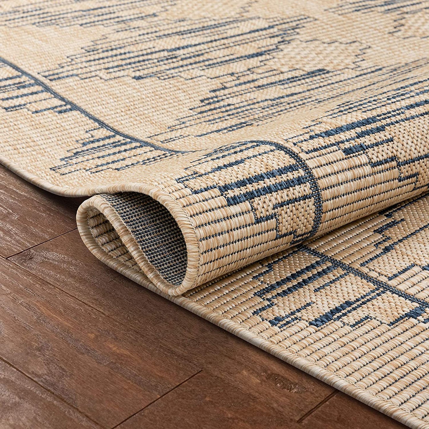Sturl Beige & Blue Indoor/Outdoor Flat Weave Pile Nordic Diamond Pattern Area Rug