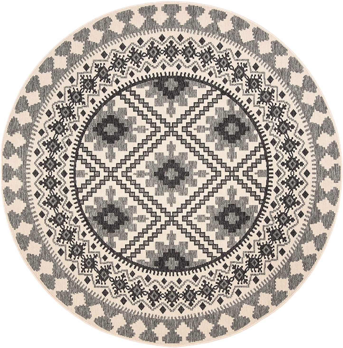 Boho Indoor/ Outdoor Patio Backyard Area Rug, Ivory / Slate