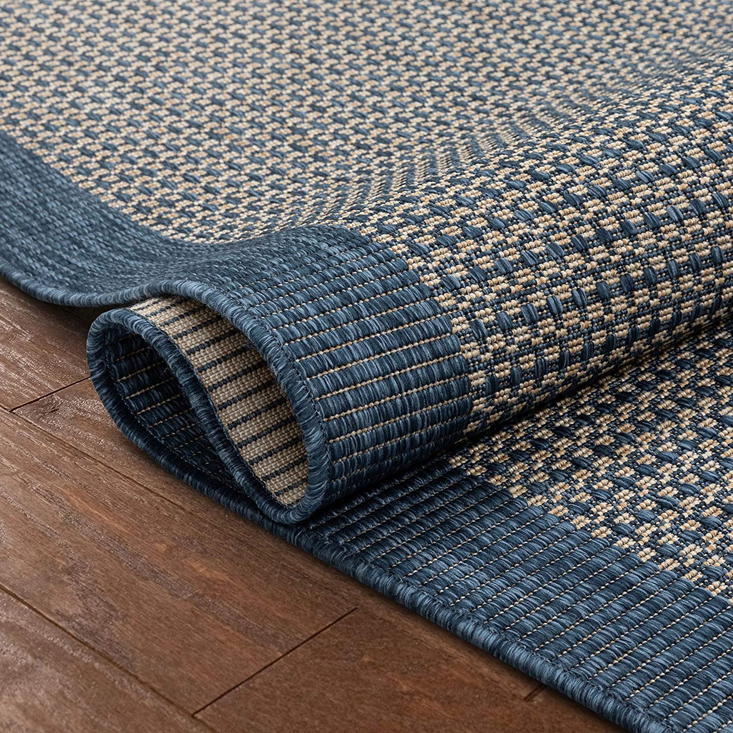 Blue Indoor/Outdoor Flat Weave Pile Border Pattern Area Rug