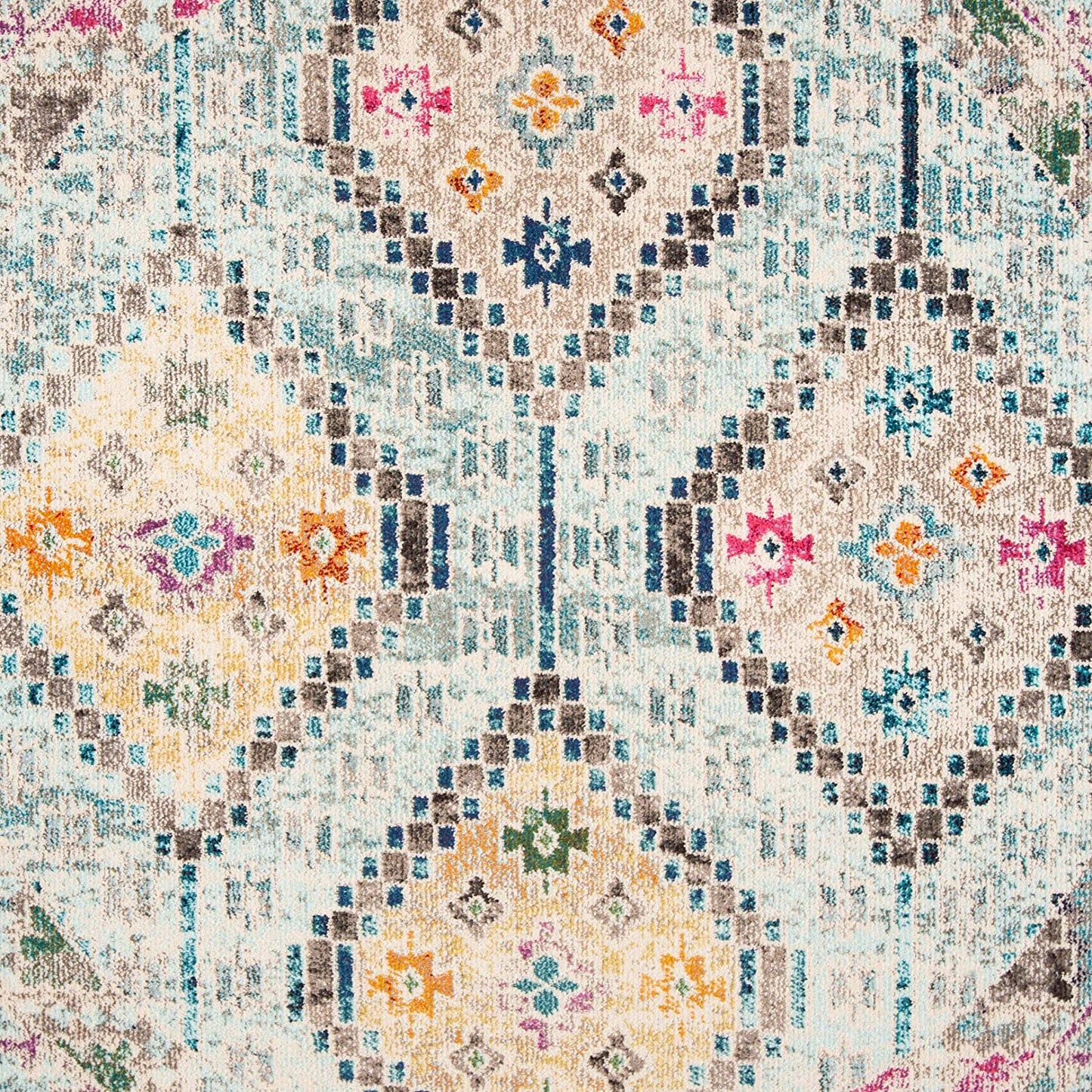 Boho Diamond Distressed Area Rug, Blue/Yellow