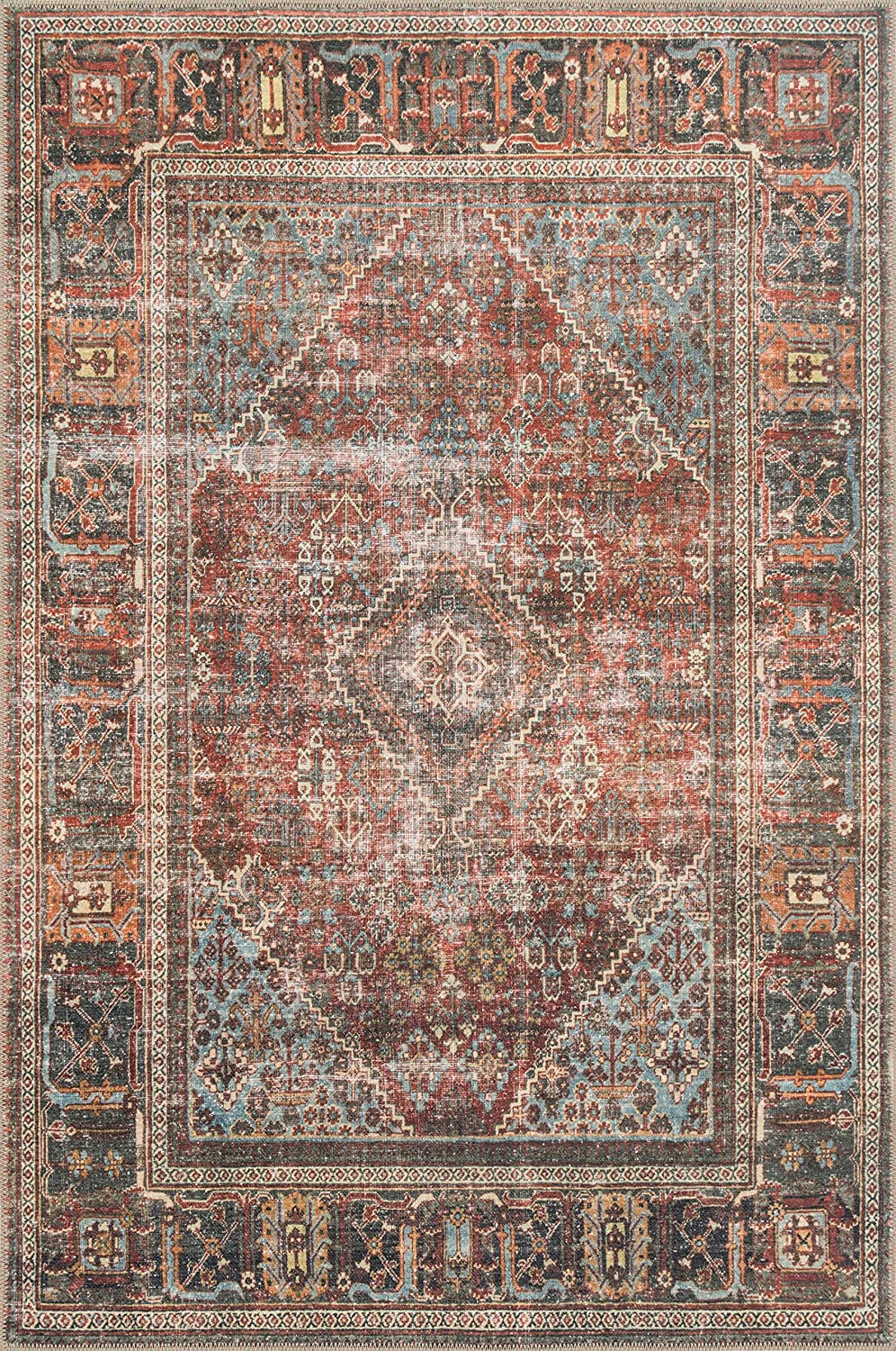 Loren Collection Vintage Printed Persian Soft Area Rug 1'-6" x 1'-6" Square Brick/Midnight