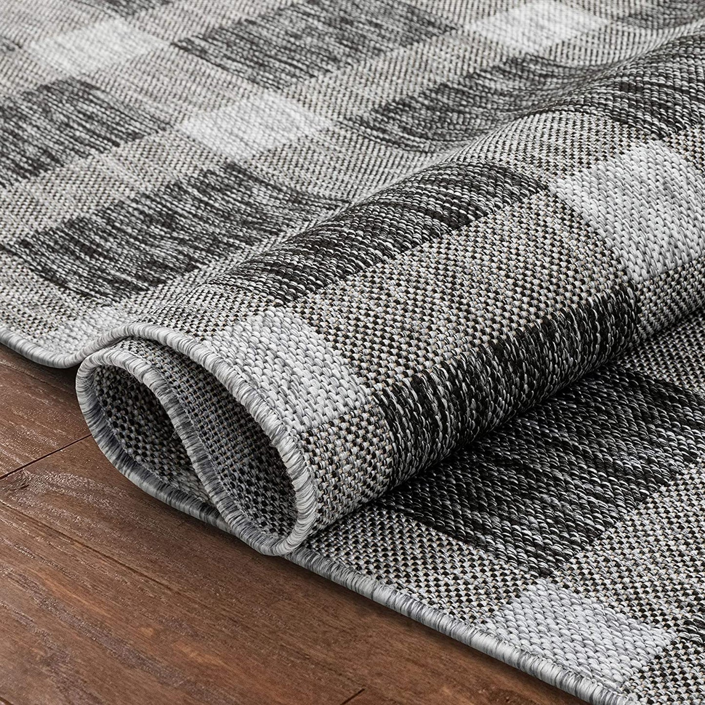 Freja Dark Grey Indoor/Outdoor Flat-Weave Pile Buffalo Check Pattern Runner Rug