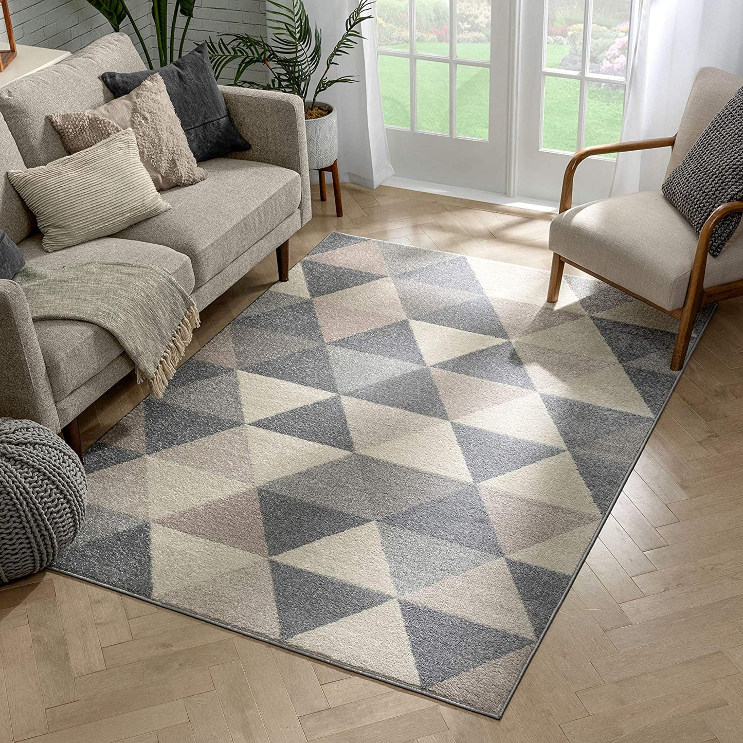 Isometry Modern Grey Geometric Triangle Pattern Soft Area Rug