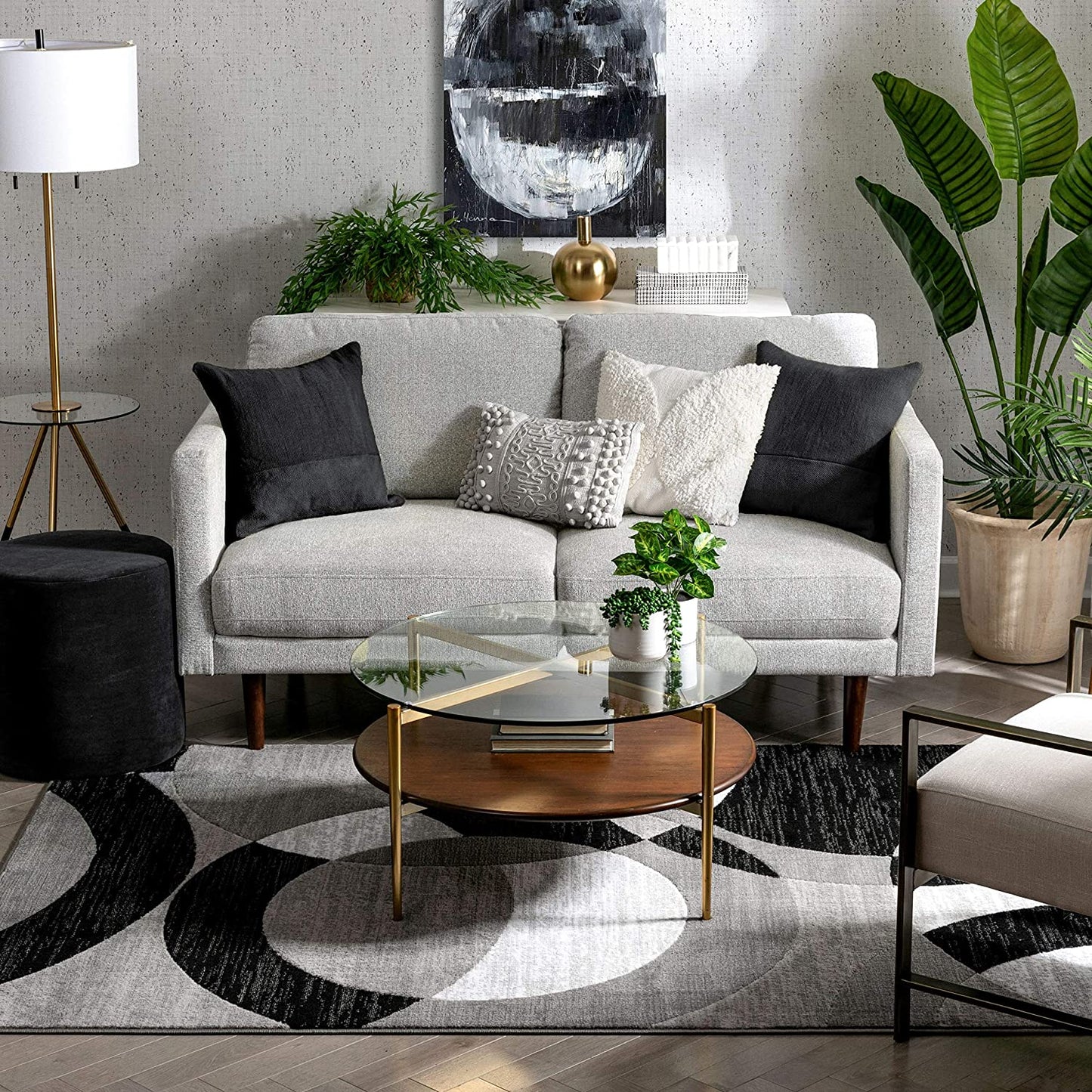 Grey Geometric Modern Casual Abstract Boxes Lines Circles Soft Area Rug