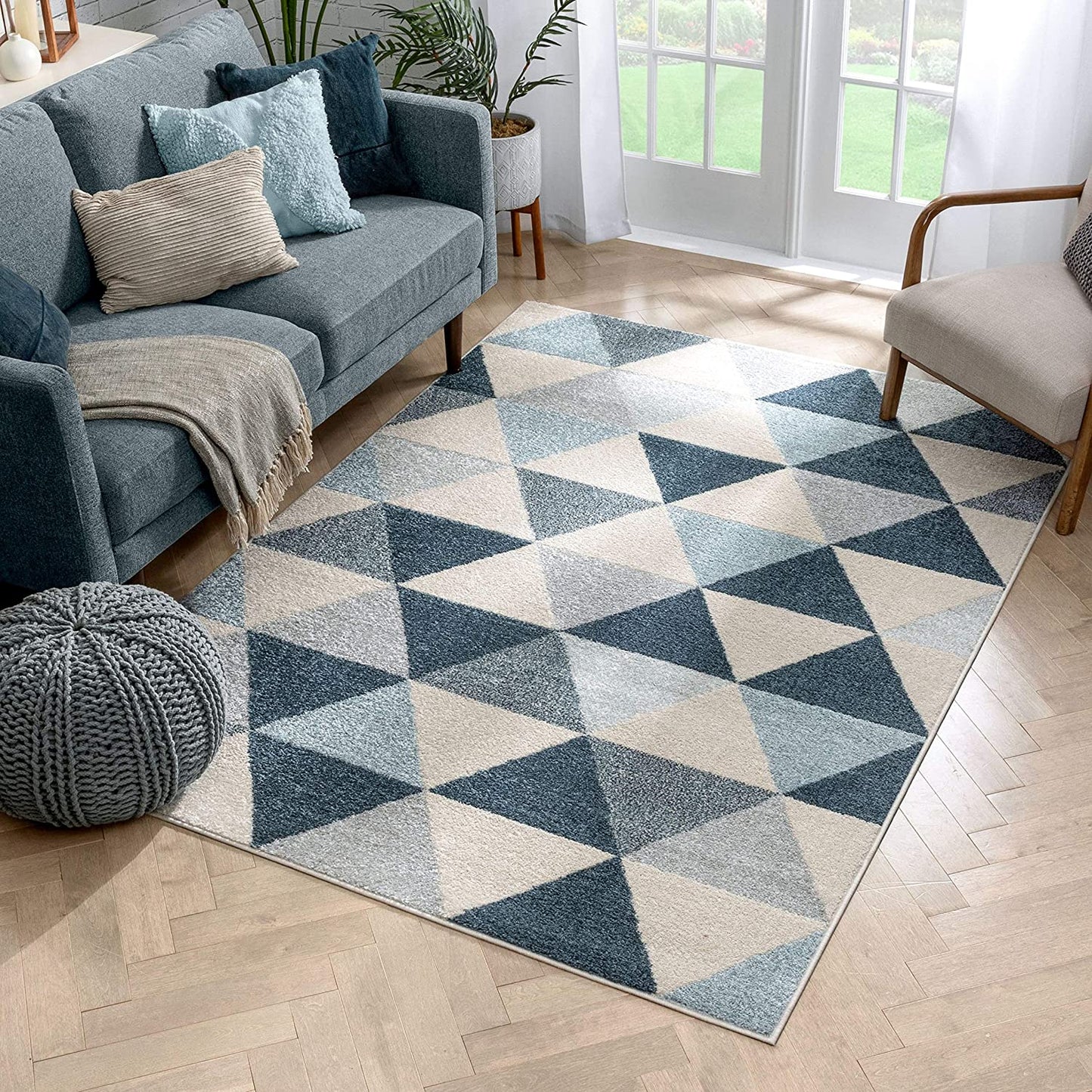 Isometry Modern dark blue Geometric Triangle Pattern Soft Area Rug