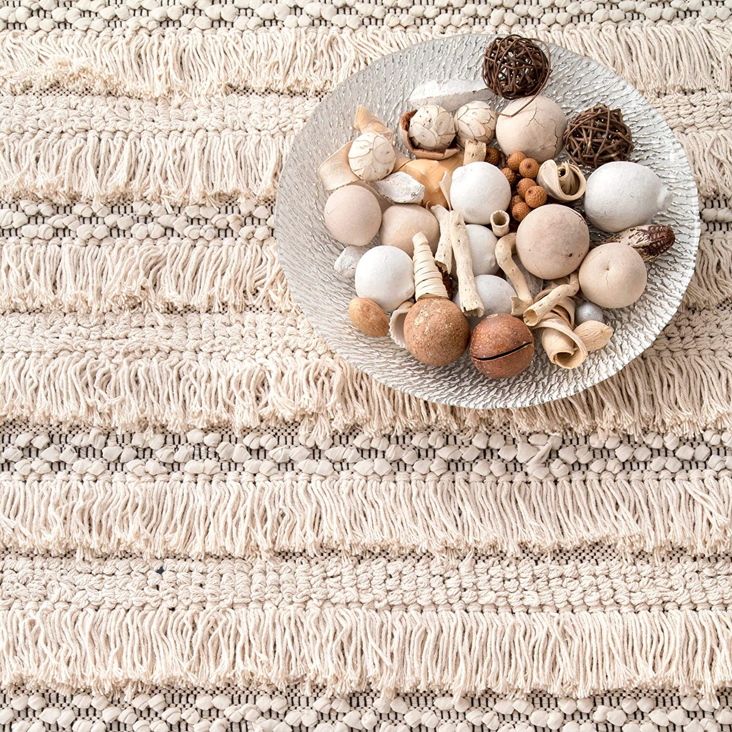 Emerita Tassel Shag Area Rug, Beige