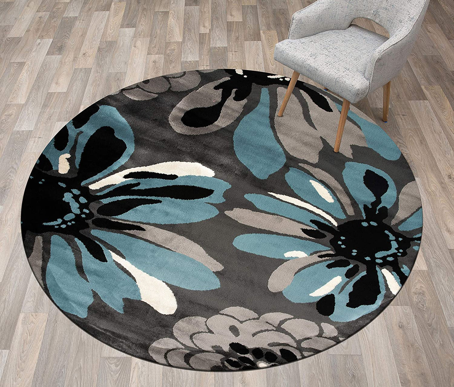 Floral Gray Black Blue Area Rug
