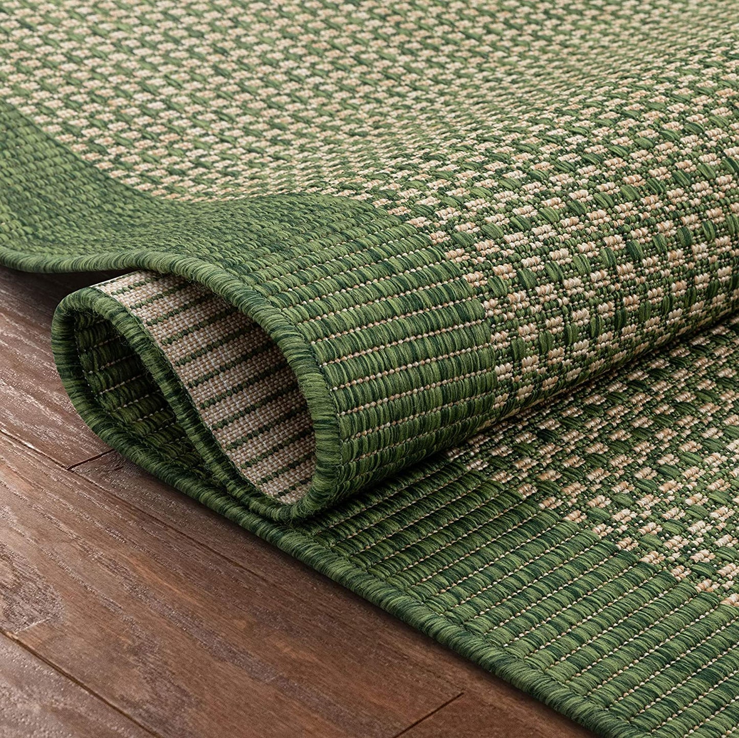 Woden Green Indoor/Outdoor Flat Weave Pile Border Pattern Rug