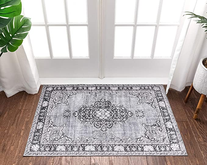 Machine Washable Grey Vintage Oriental Medallion Flat Pile Area Rug