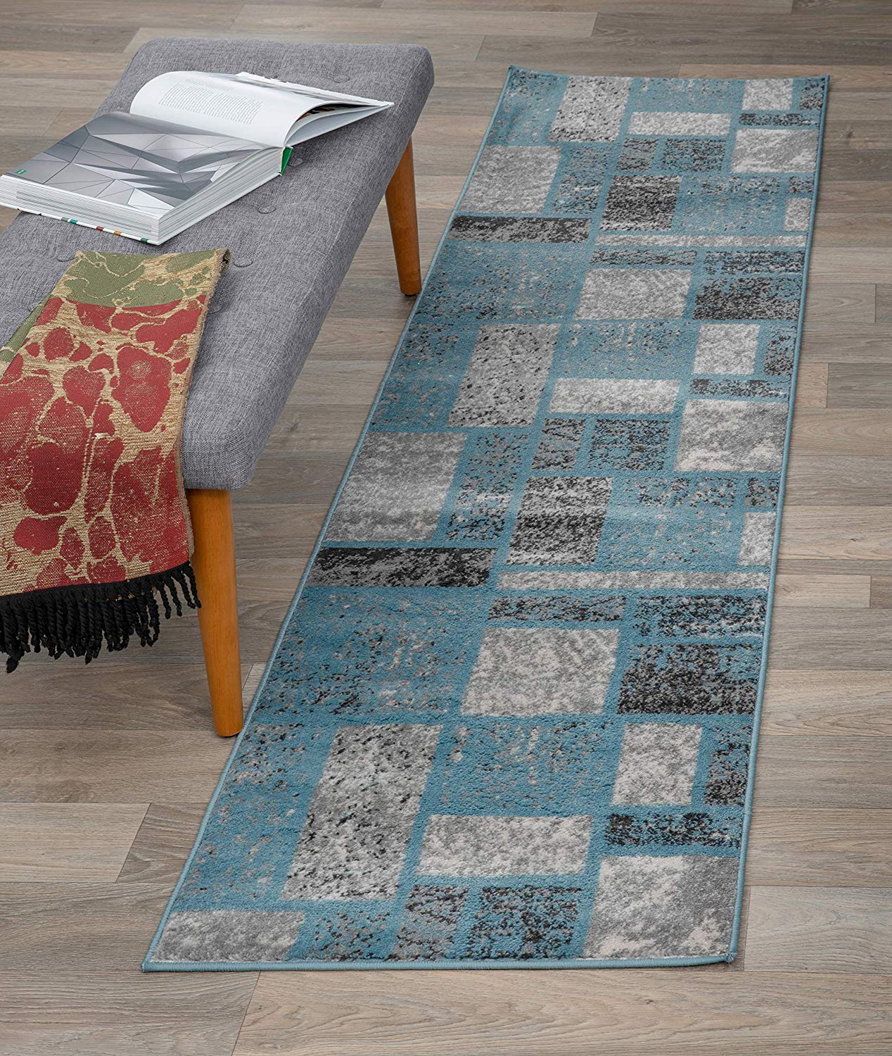 Box Pattern Teal Blue Area Rug