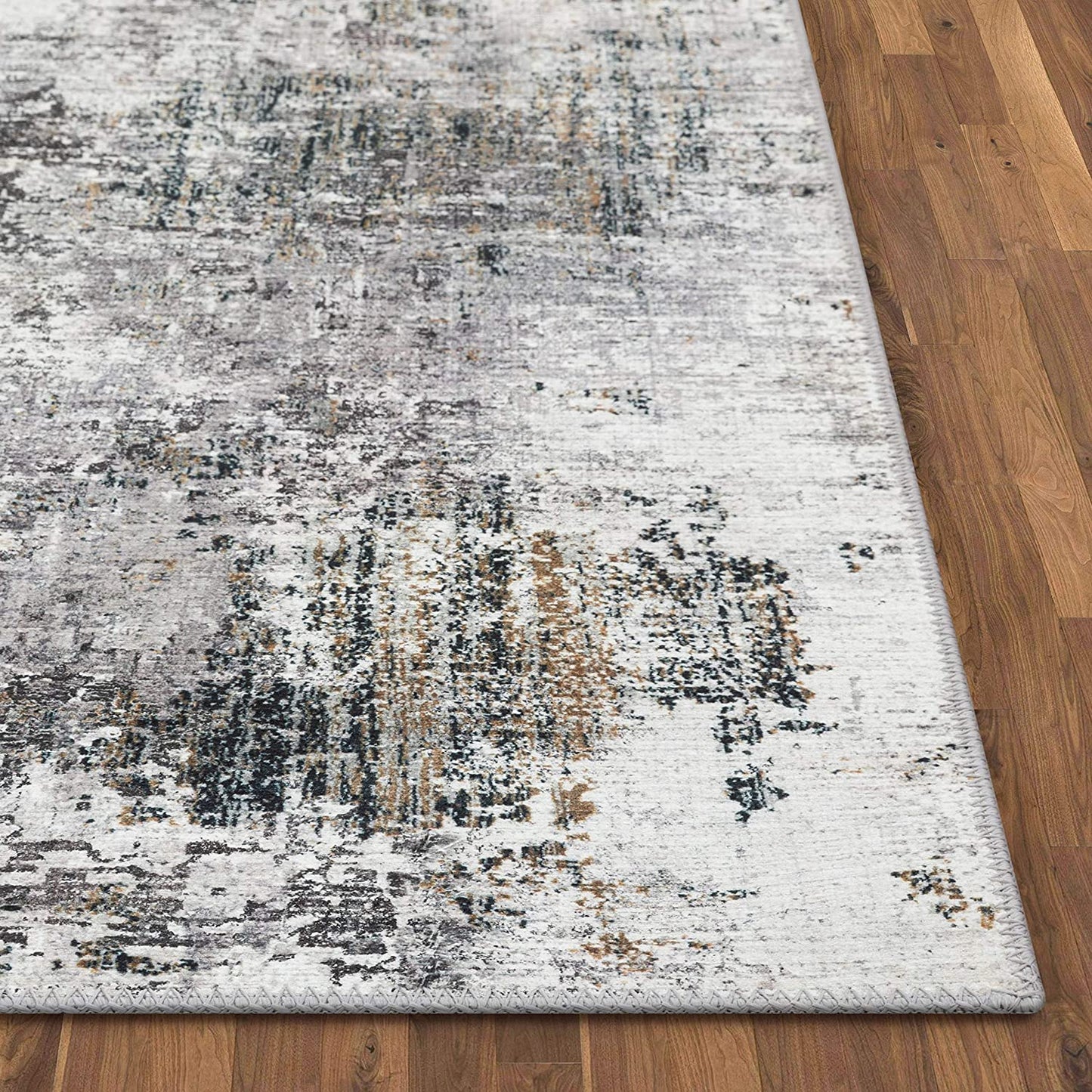 Arcata Grey Machine Washable Contemporary Abstract Distressed Area Rug