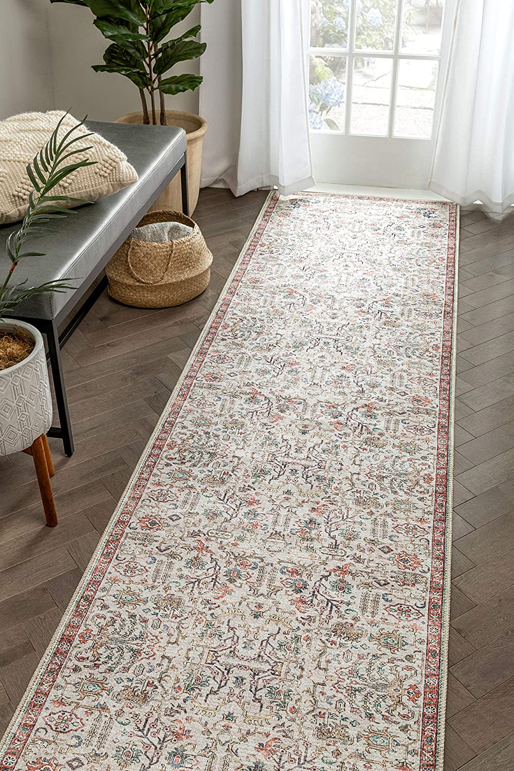 Ivory Machine Washable Vintage Style Updated Classic Distressed Persian Mat Area Rug