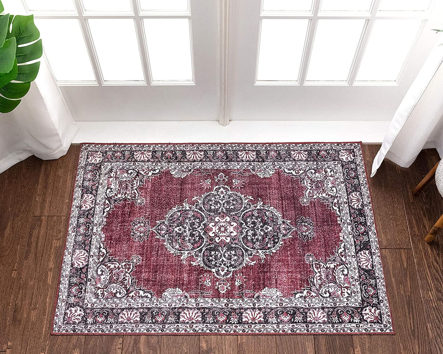 Mareva Machine Washable Burgundy Red Vintage Oriental Medallion Area Rug