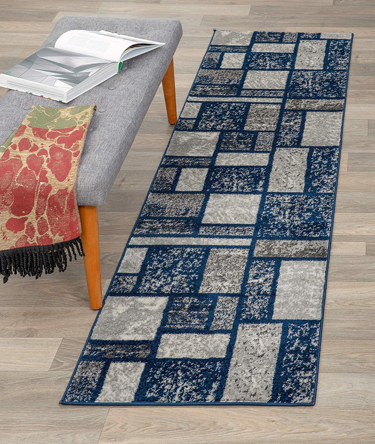 Box Pattern Navy Blue Area Rug