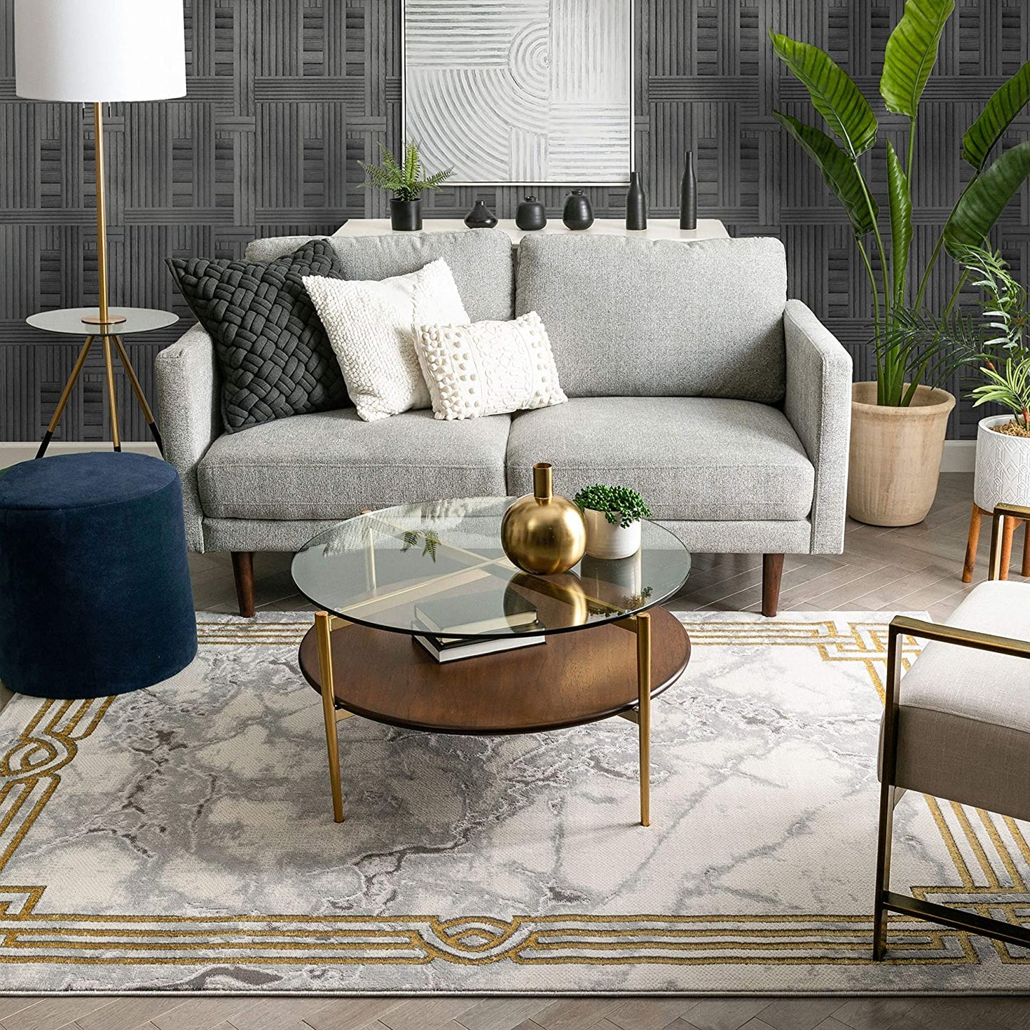 Fairmont Huntington Retro Marble Border Ivory Glam Area Rug
