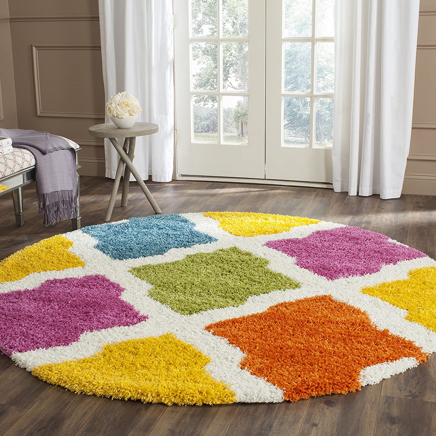 Kids Shag Collection Rainbow Trellis Plush 2-inch Thick Area Rug Ivory / Multi