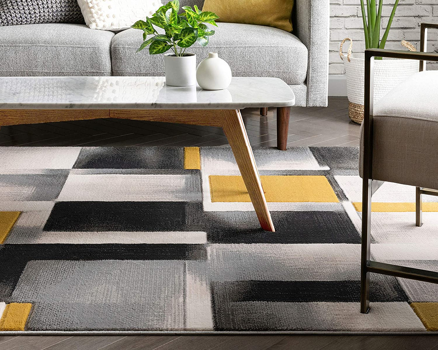 Gold Modern Geometric Boxes Squares Pattern Soft Area Rug