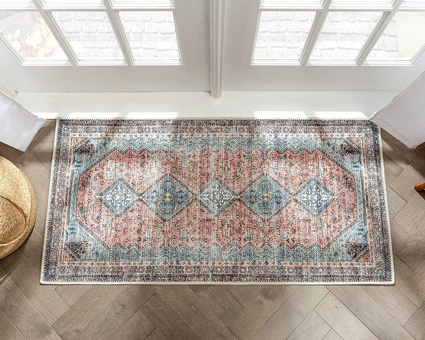 Menda Light Blue Machine Washable Vintage Style Classic Distsressed Persian Mat Area Rug