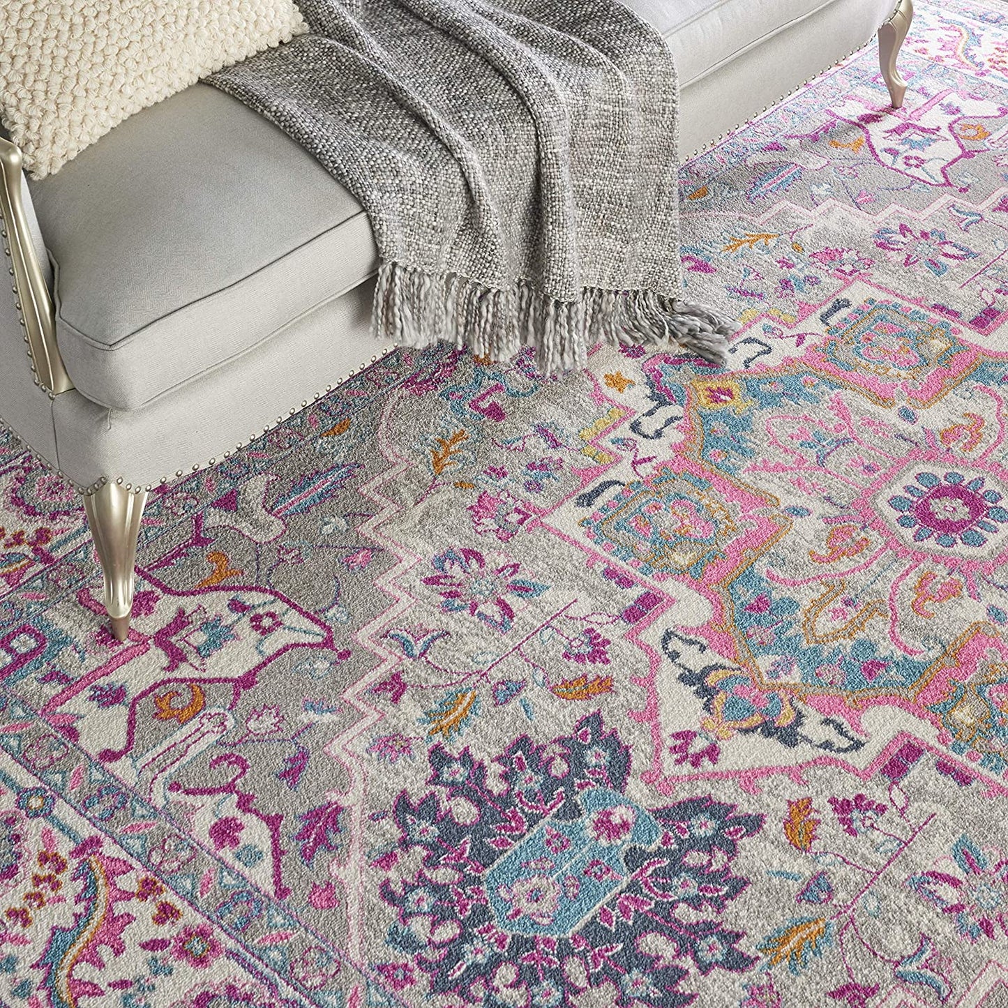 Persian Colorful Light Grey/Pink Area Rug