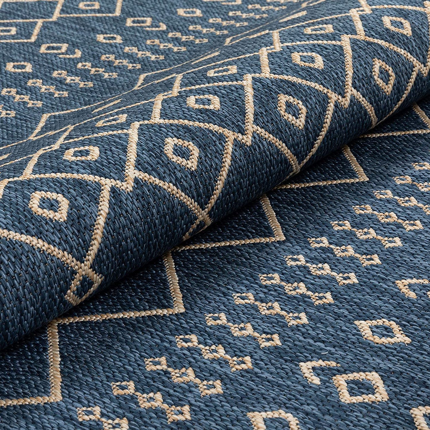 Blue Beige Indoor/Outdoor Flat Weave Pile Nordic Lattice Pattern Area Rug