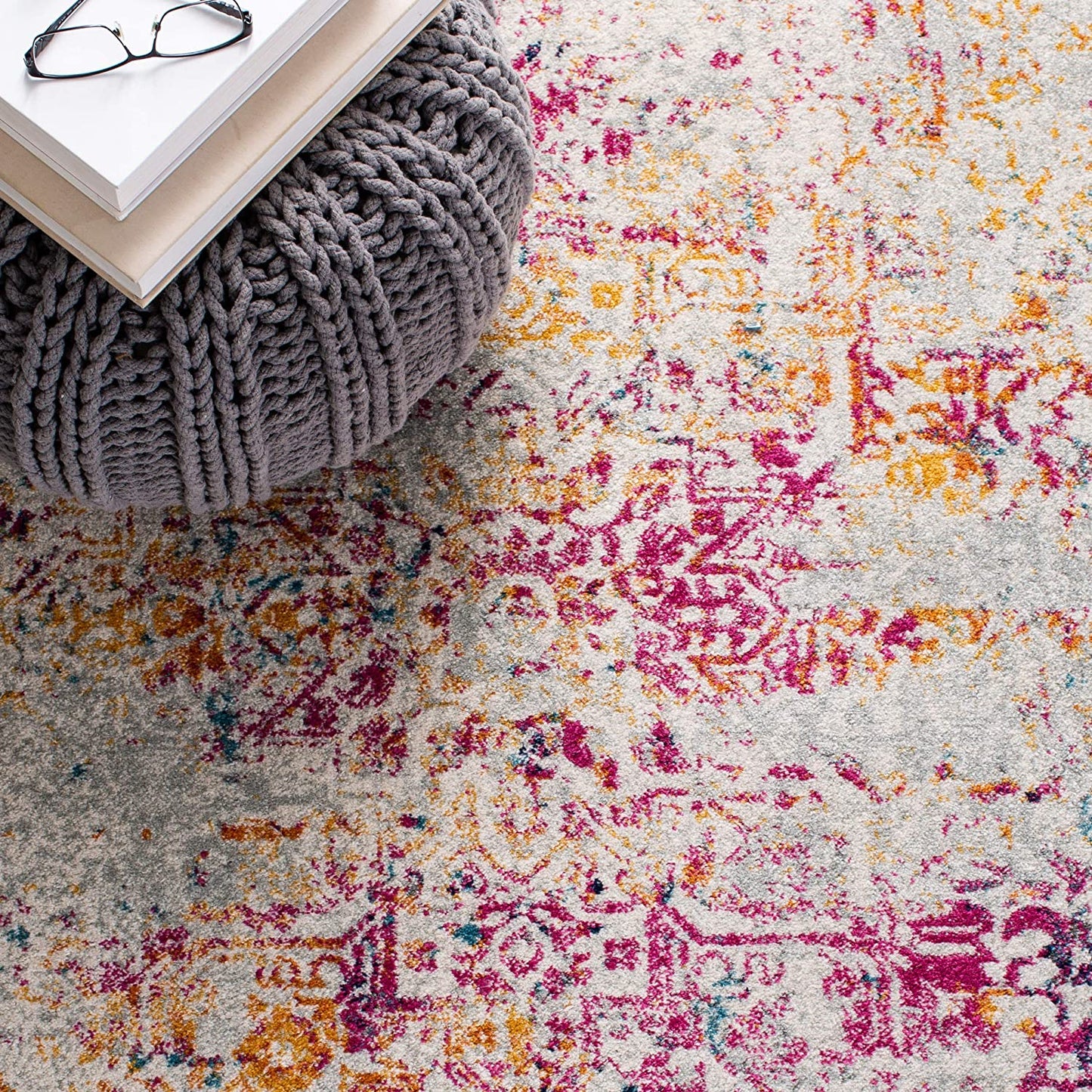 Oriental Shabby Chic Vintage Distressed Area Rug, Ivory/Fuchsia