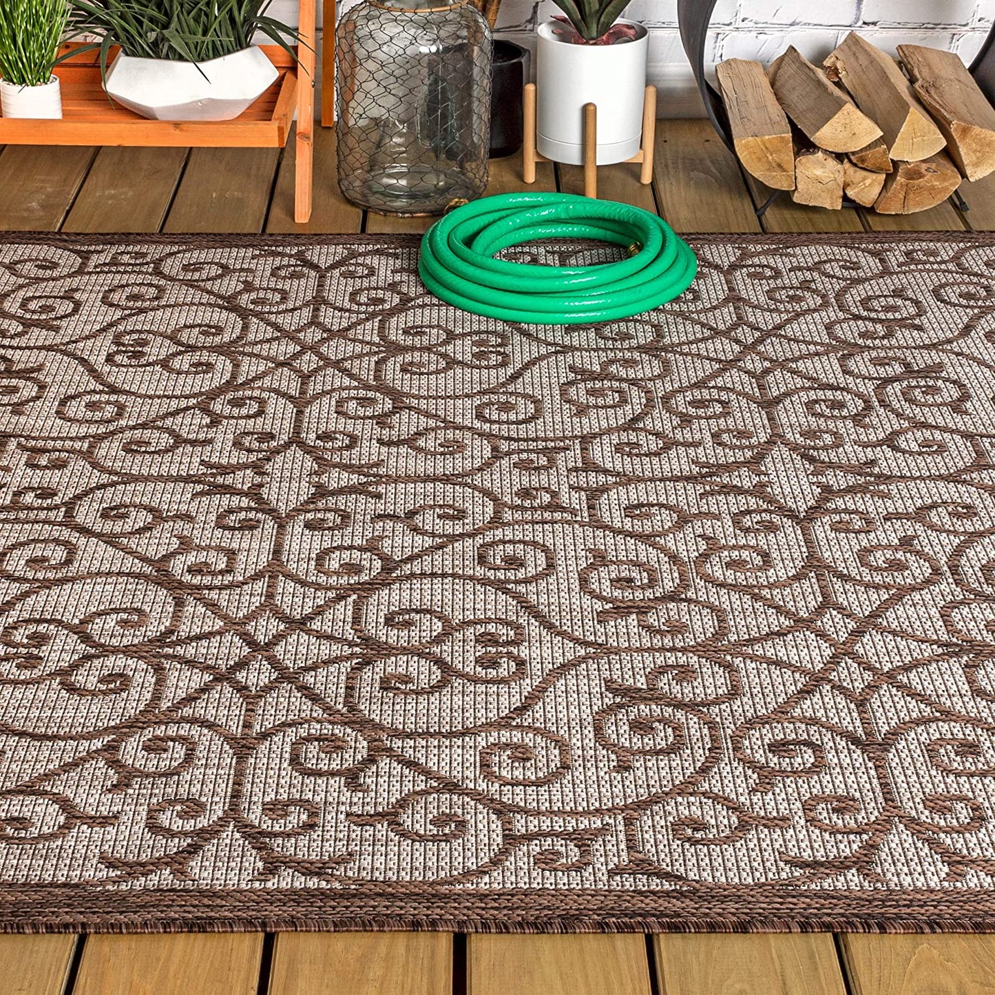 Madrid Vintage Filigree Textured Weave Indoor/Outdoor Taupe/Espresso Area Rug