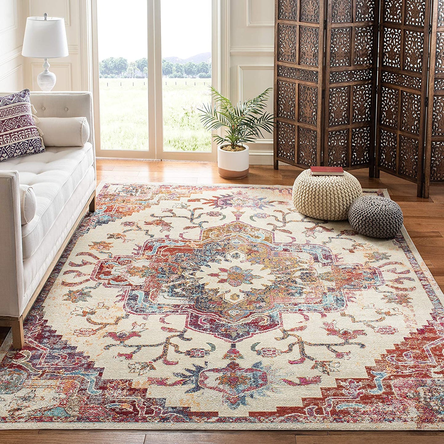 Oriental Medallion Distressed Area Rug, Light Blue / Burgundy