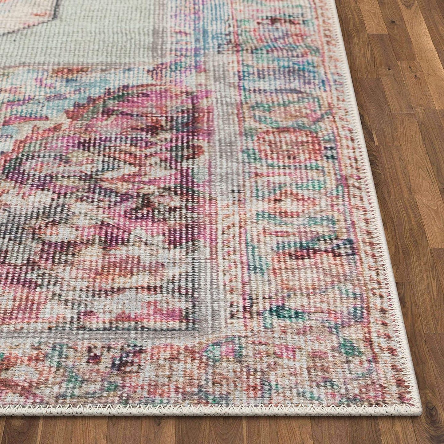 Vintage Persian Pink Green Flat-Weave Distressed Rug - Machine Washable