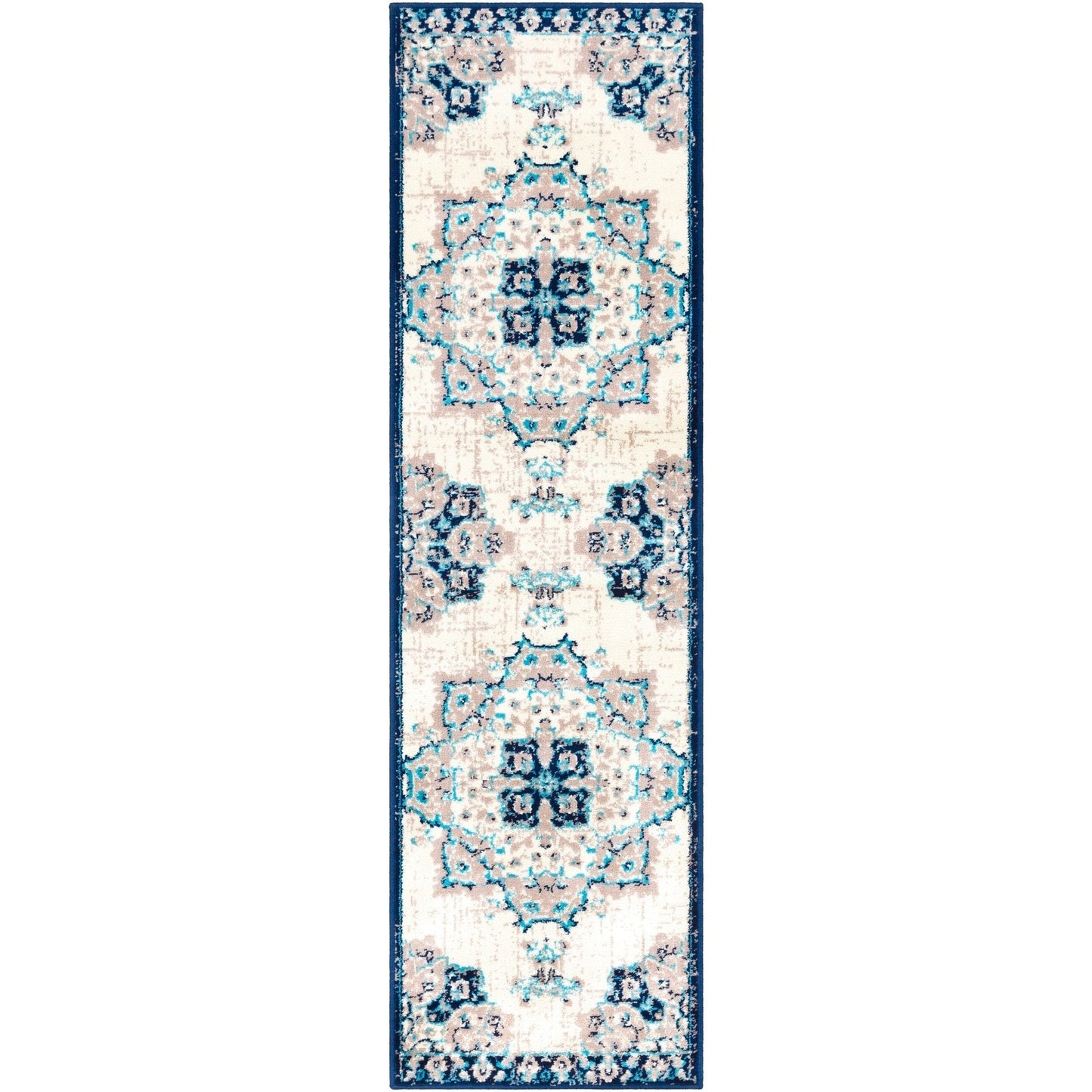 Floral Medallion Traditional Ivory Gray Navy Area Rug