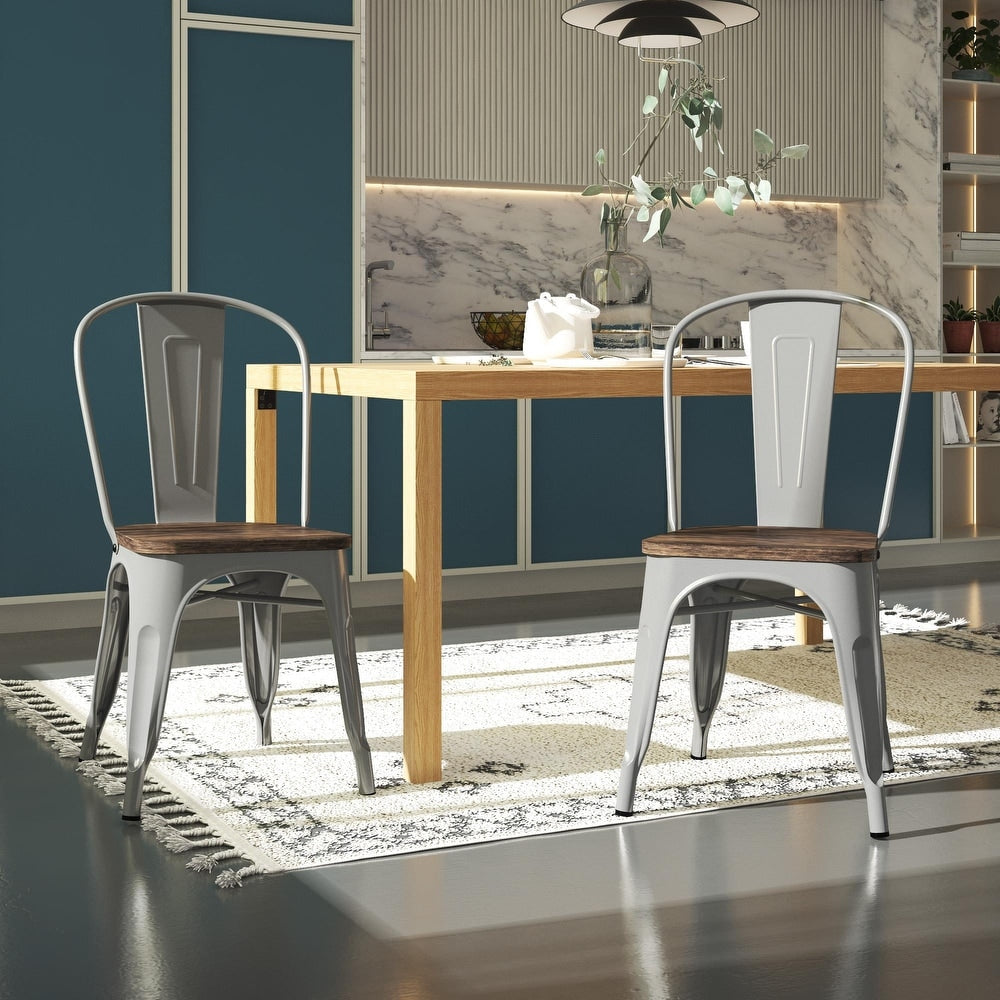 BHG Aidan Stackable Metal Dining Chair with Wood Seat, Silver, Set of 2