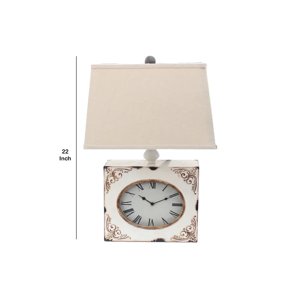 Clock Design Metal Table Lamp with Tapered Shade,White and Beige