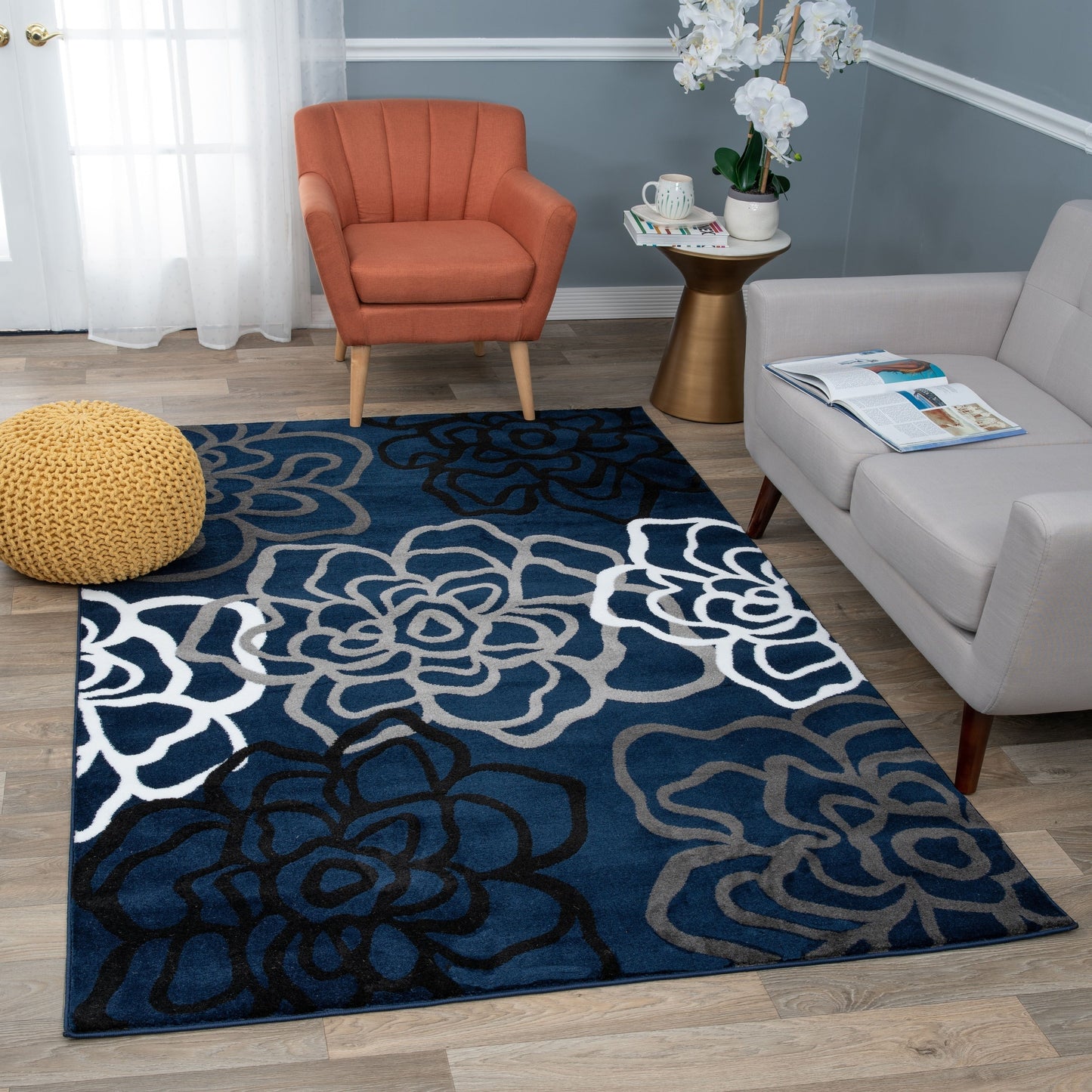 Floral Navy Grey White Area Rug