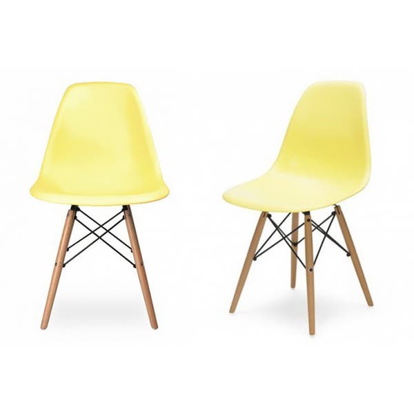 Contemporary Retro Molded Style Light Yellow Accent Plastic Dining Shell Chair with Wood Eiffel Legs
