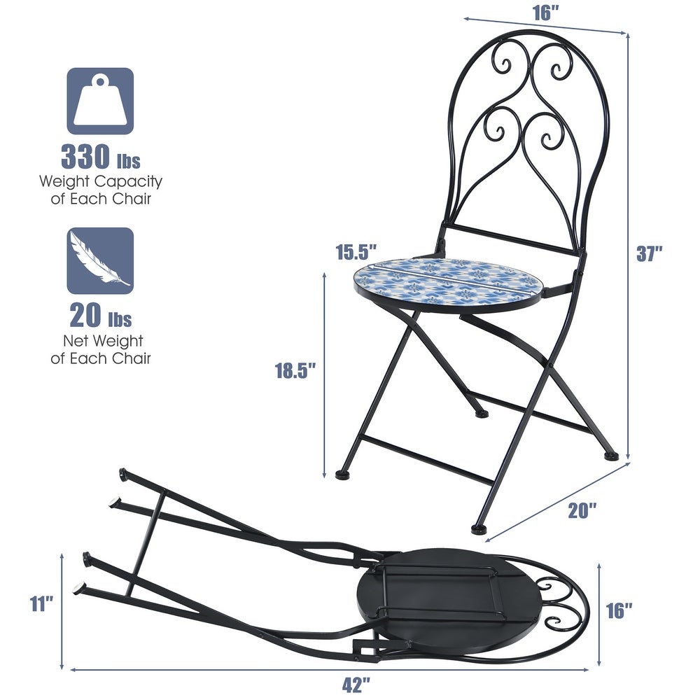Costway 2PCS Patio Folding Mosaic Bistro Chairs Blue Flower Pattern - See Details